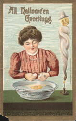 All Hallowe'en Greetings: Woman Cracking Egg into Bowl Postcard