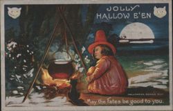 Jolly Hallow E'en: Girl in Red, Black Cat, Cauldron Postcard