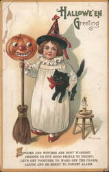 Hallowe'en Greeting: Girl with JOL, Black Cat, and Broom Postcard