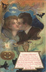 Halloween Kiss, Owl, JOL, Black Cat Postcard