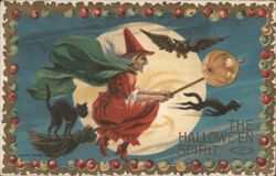 The Halloween Spirit: Witch, Black Cat, and Owl on Broomsticks Postcard