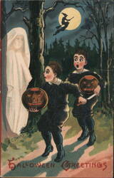 Halloween Greetings: Boys with JOLs, Ghost, Witch on Broomstick Postcard