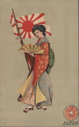 Japanese Woman with Naval Ensign, Fan, and Imperial Seal Postcard