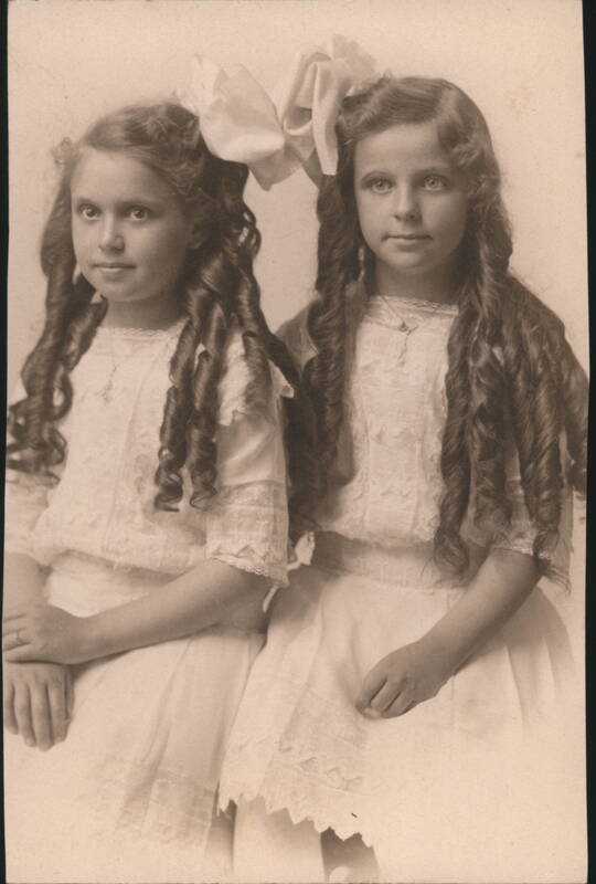 Two Girls Long Dark Ringlets Large Hair Bows Lace Dresses