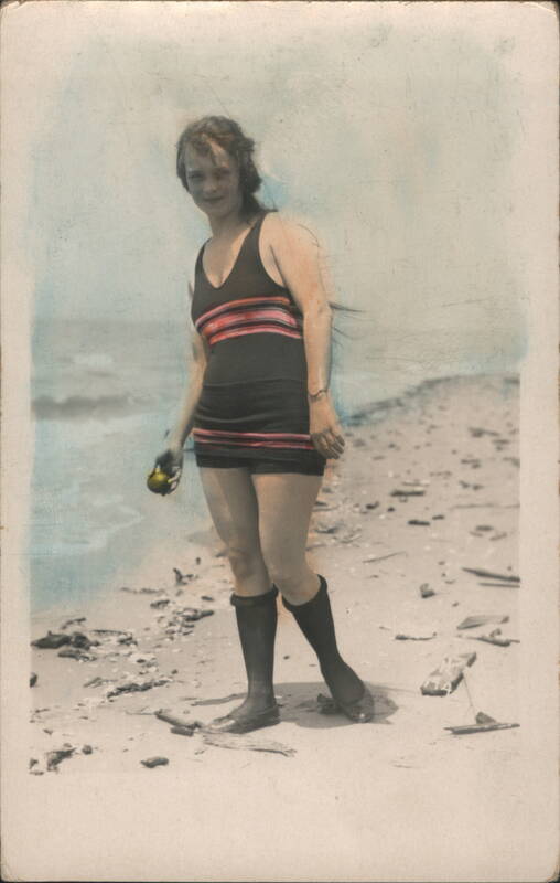 Flapper Woman in 1920s Swimsuit & Stockings on Beach Hand Tinted