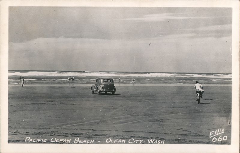 Pacific Ocean Beach, Vintage Car & Cyclist, Ocean City WA Washington