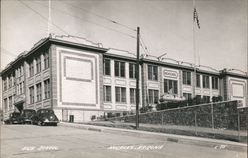 Nogales High School Building Exterior with Vintage Cars Arizona