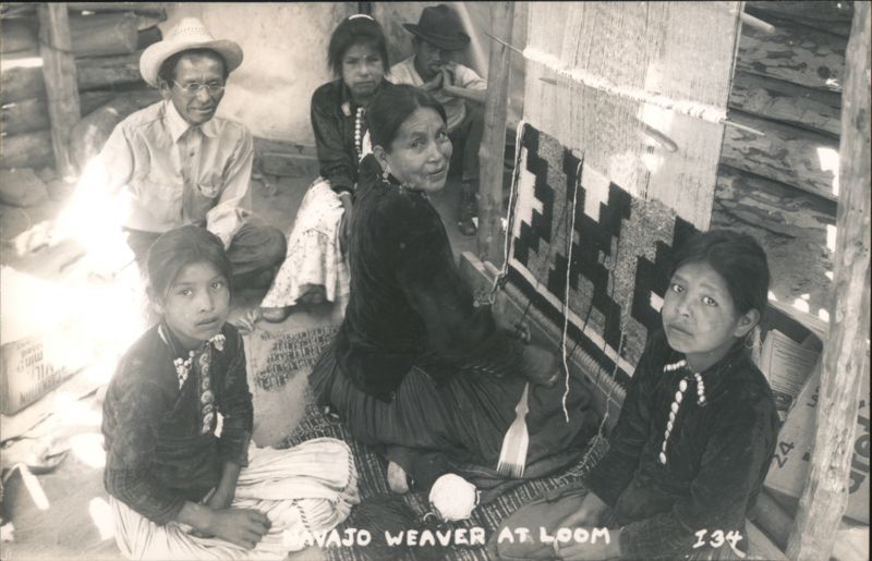 Navajo Weaver at Loom with Family Group, Geometric Rug
