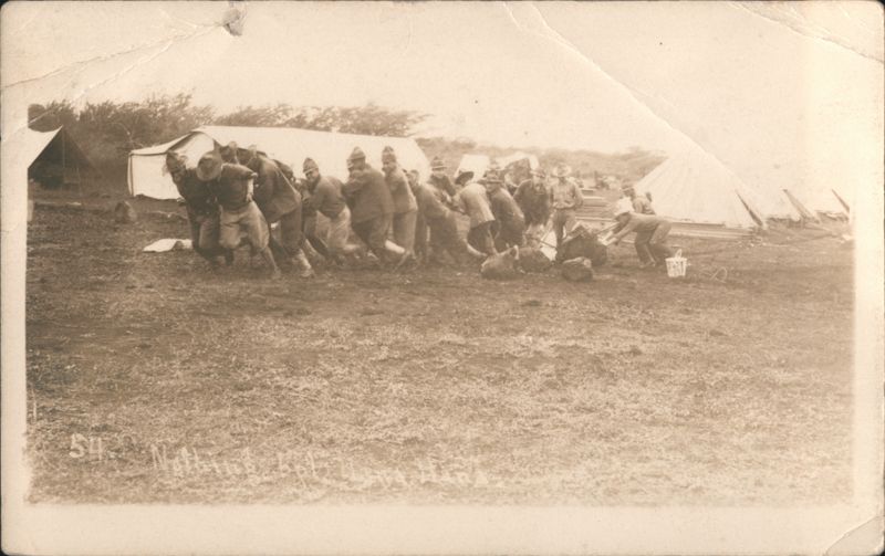 WWI Era US Soldiers Moving Boulder in Camp, Lava Field