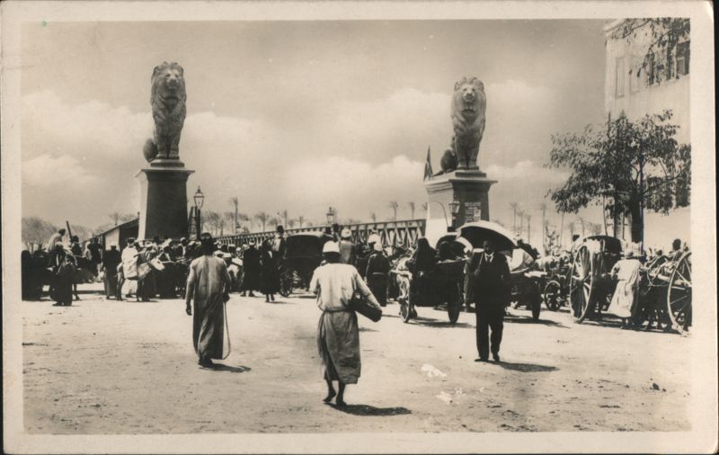 Kasr-el-Nil Bridge Entrance with Lion Statues Cairo Egypt