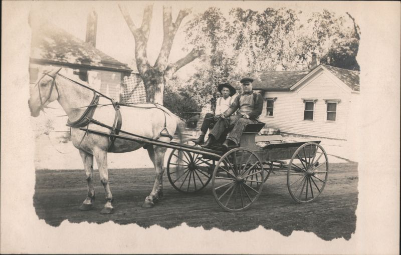 White Horse & Wagon with Two Young Men, Residential Street