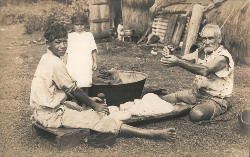 Men Pounding Poi with Stone Pestles, Pacific Island Village