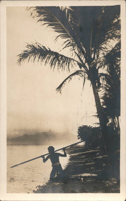 Silhouette Hawaiian Fisherman with Spear Palm Tree