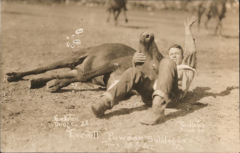 Everett Bowman Bulldogging Steer, Pendleton Round-Up Oregon