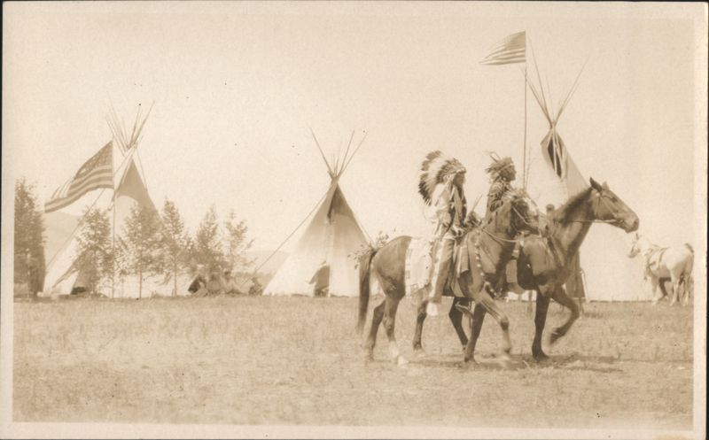 Native Americans on Horseback with Tipis and American Flags