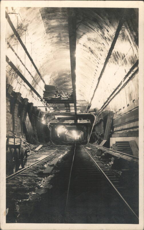 Construction of Broadway Tunnel Interior with Tracks and Work Cart