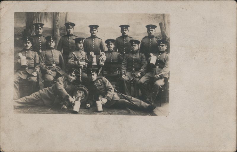 German Soldiers Group Portrait with Beer Steins People in Uniform