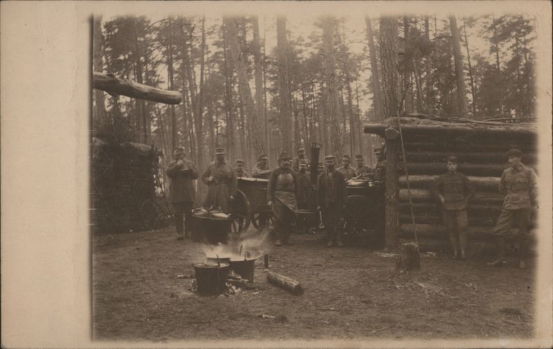 WWI Field Kitchen & Soldiers in Forest Camp Winter 1916-17