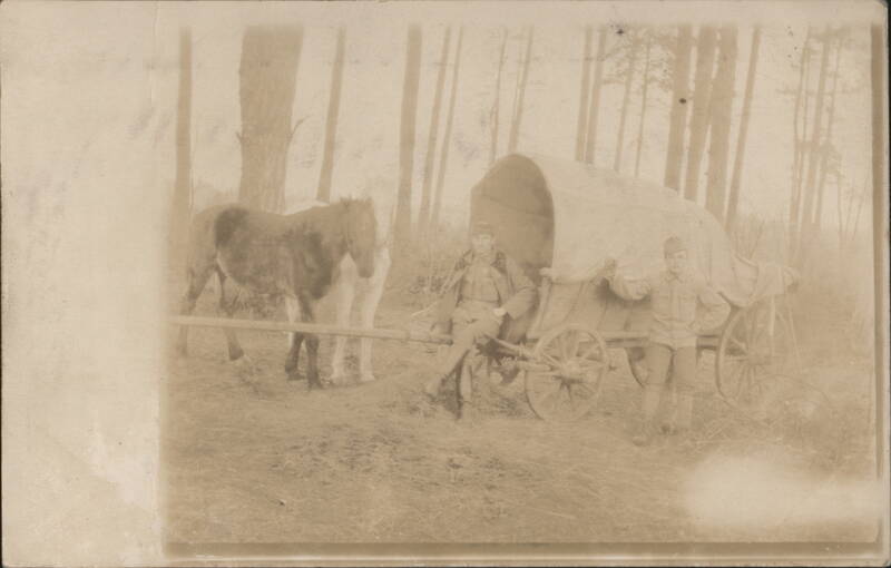 WWI German Soldiers with Covered Wagon & Horses 1916