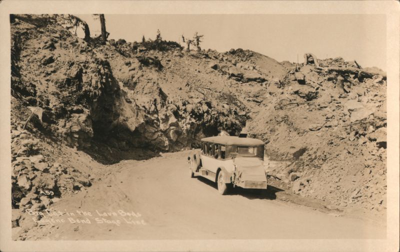 Eugene Bend Stage Line Bus at Big Cut in Lava Beds Blue River Oregon