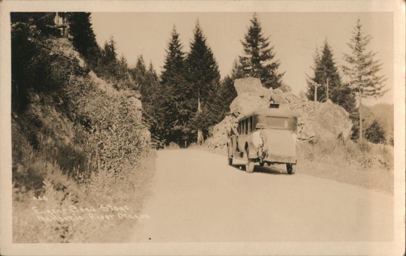 Eugene Bend Stage Bus on Forest Road McKenzie River Oregon