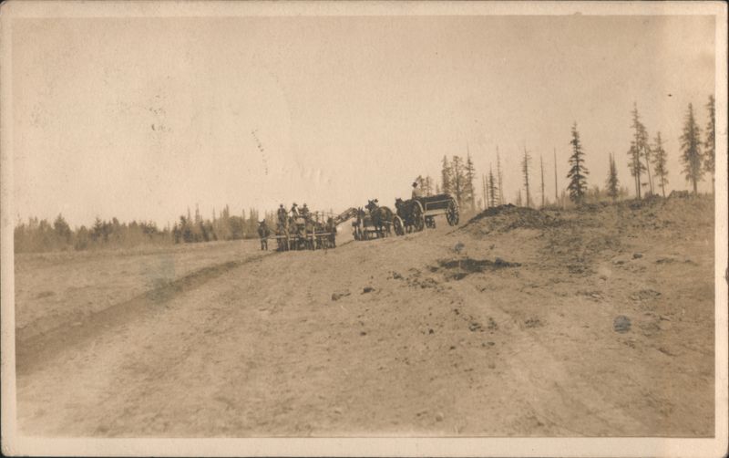 Horse-Drawn Grading Machine Excavating Dirt into Wagons