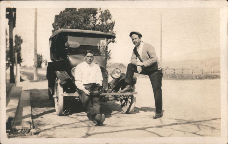 Two Men Posing with Vintage Touring Car Rural Road