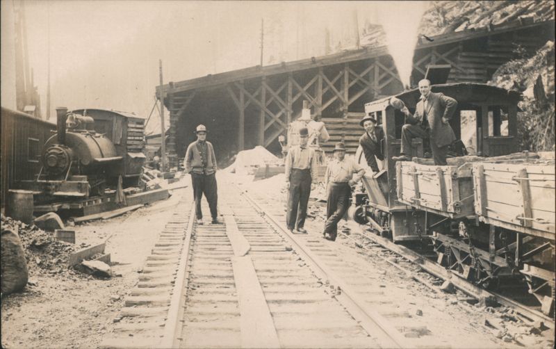 Railroad Crew with Steam Locomotives & Timber Structure