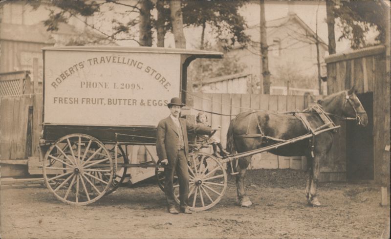 Roberts' Travelling Store Horse-Drawn Wagon, Man & Child