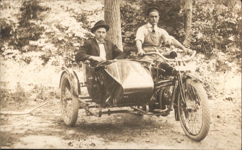 Two Men Posing with Early Motorcycle and Sidecar Motorcycles