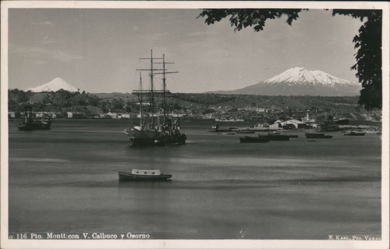 Puerto Montt Harbor, Ship, Volcanoes Calbuco & Osorno Chile