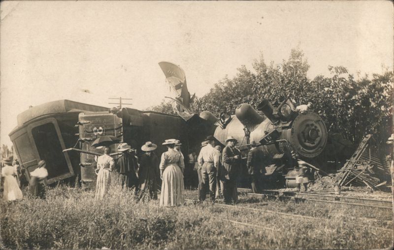 Train Wreck Scene, Overturned Steam Locomotive and Onlookers California