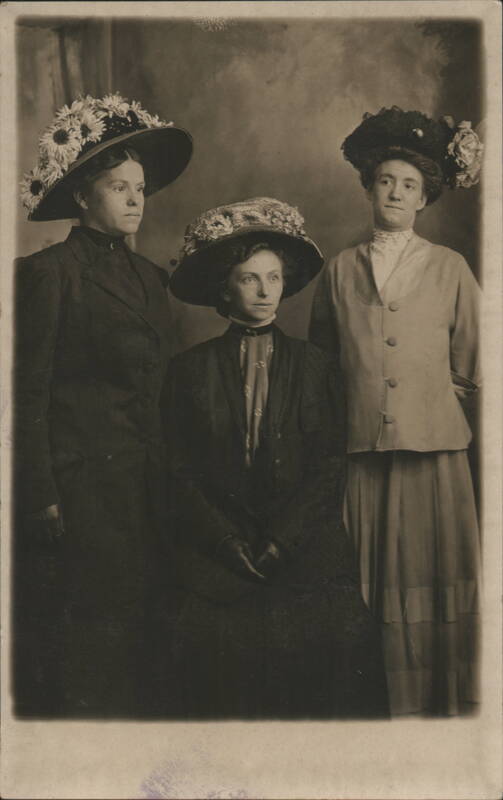 Three Edwardian Women Large Floral Hats Studio Portrait