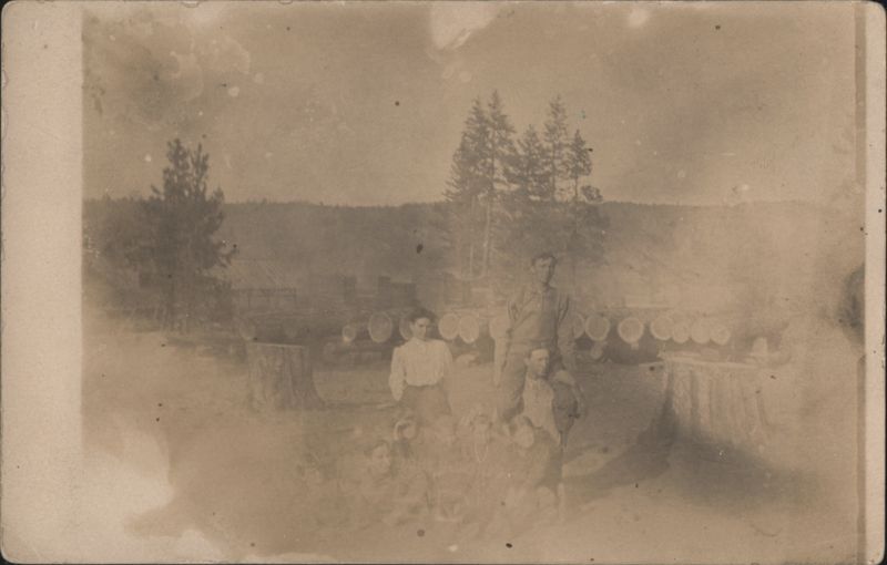 Logging Camp Group Portrait, Man Standing on Shoulders