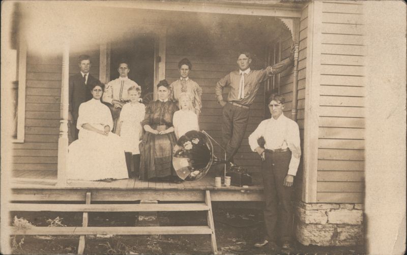 Family Group on Porch with Cylinder Phonograph Family Portaits