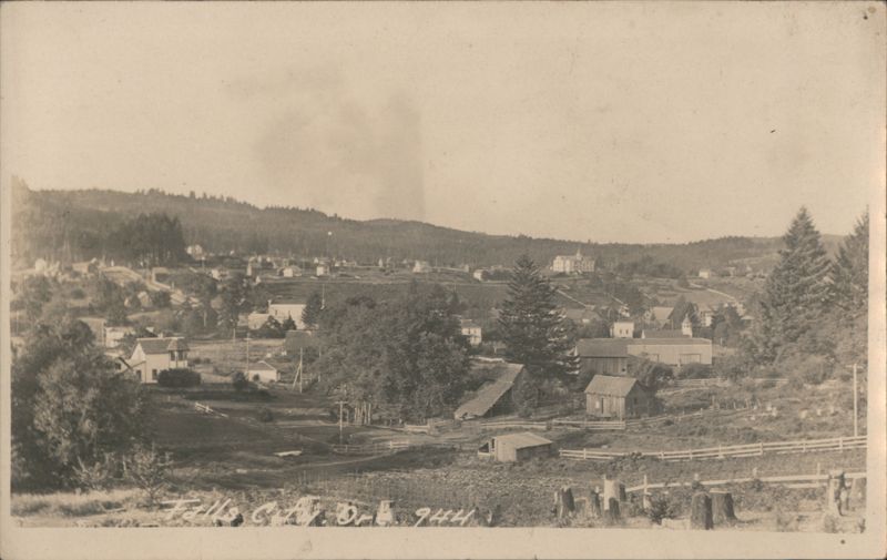 Panoramic View of Valley Town, Houses & Hills Falls City Oregon