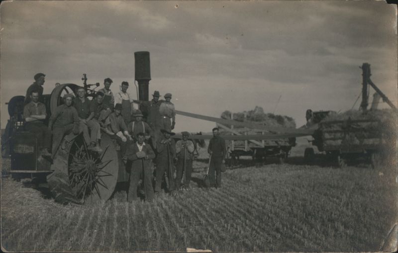 Threshing Crew with Steam Traction Engine Harvest Scene