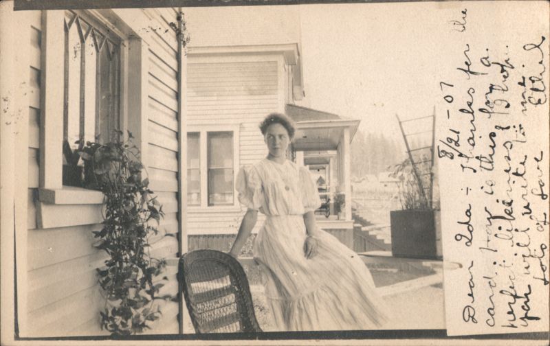 Woman in White Dress Sitting on Porch Railing 1907 McCloud California
