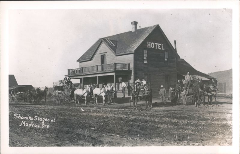 Shaniko Stages Horse-Drawn Wagons at Hotel Madras Oregon