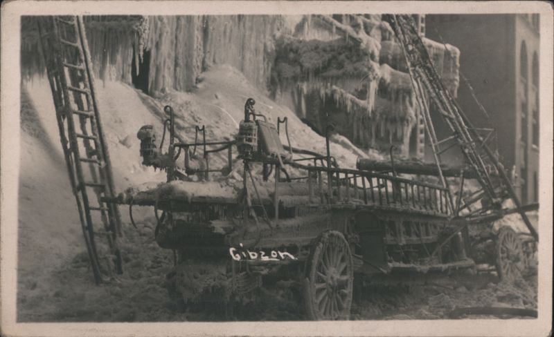 Ice Covered Fire Engine Ladder Truck Winter Fire Aftermath
