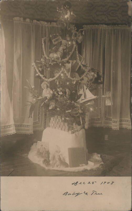 Baby's Christmas Tree with Antique Toys, Doll & Boat 1908