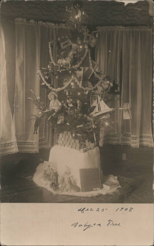 1908 Christmas Tree Decorated with Toys, Doll & Sailboat