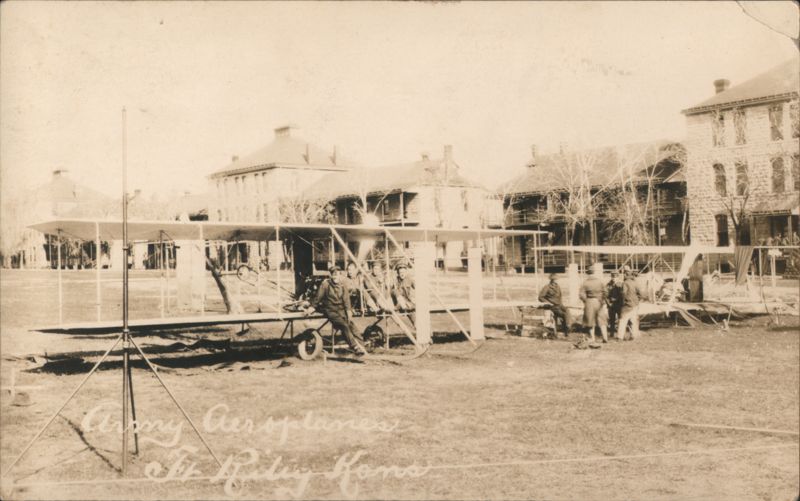 Army Aeroplanes Early Biplane & Soldiers Fort Riley Kansas