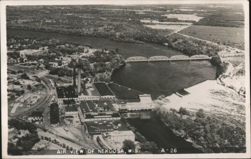 Aerial View of Nekoosa, River, Bridge & Paper Mill Wisconsin