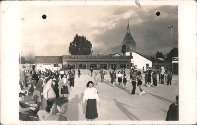 Orange Belt Ice Skating Rink with Chalet Tower & Skaters 1941 Riverside California