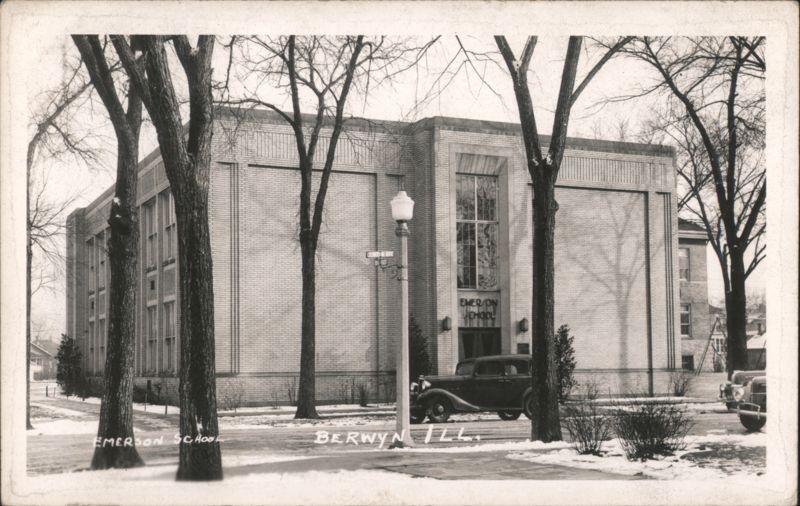 Emerson School Exterior with Vintage Car, Winter Berwyn Illinois