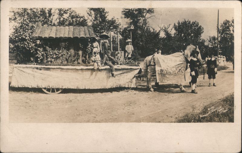 Parade Float Log Cabin Children Pilgrim Costumes Horse Drawn New Ulm Minnesota