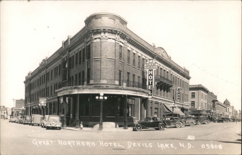 Great Northern Hotel, Street Scene with 1930s Cars Devils Lake North Dakota