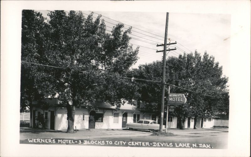 Werner's Motel Exterior Street View with Vintage Car Devils Lake North Dakota