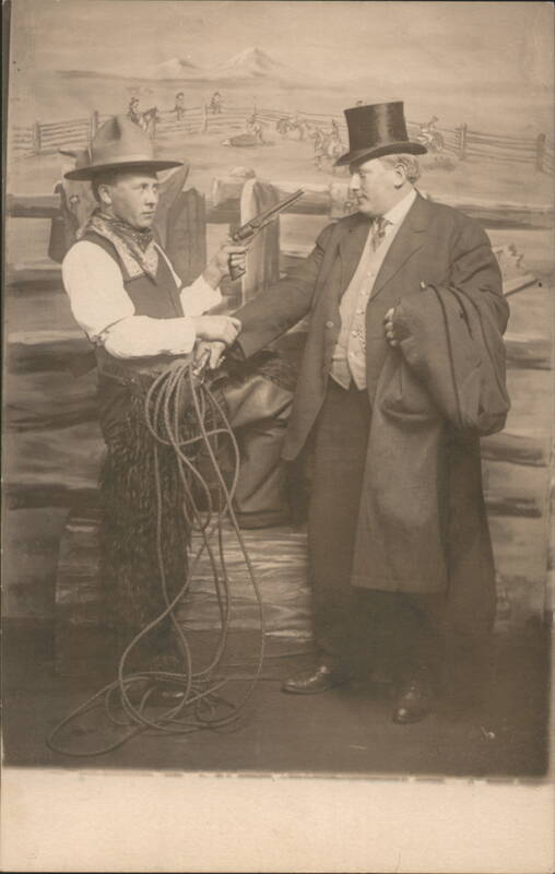 Cowboy Pointing Gun While Shaking Hands with Man in Top Hat